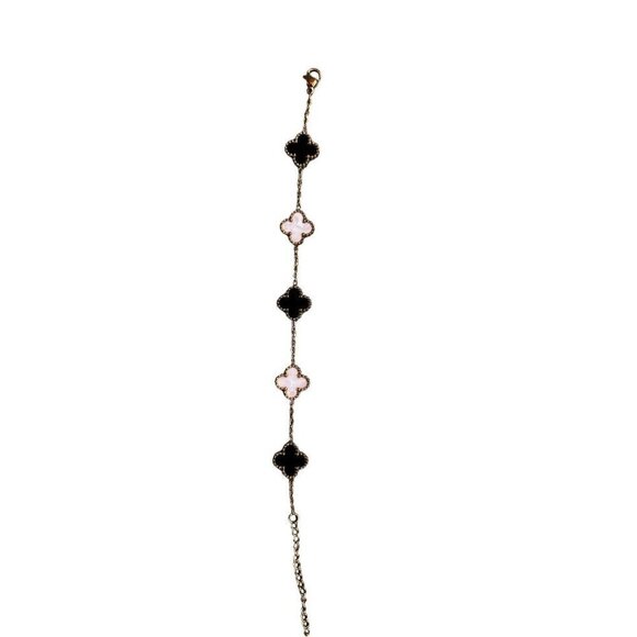 WOMENS PLATED GOLD BLACK/ WHITE CLOVER IRISH SHAMROCK STAINLESS STEEL BRACELET, - Picture 1 of 4